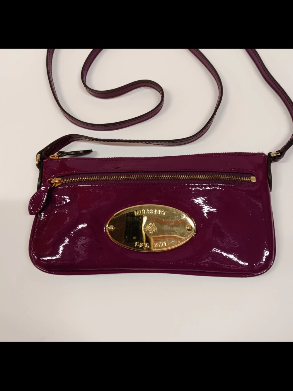 Mulberry Patent Leather Crossbody Bag in Deep Plum with Gold Hardware